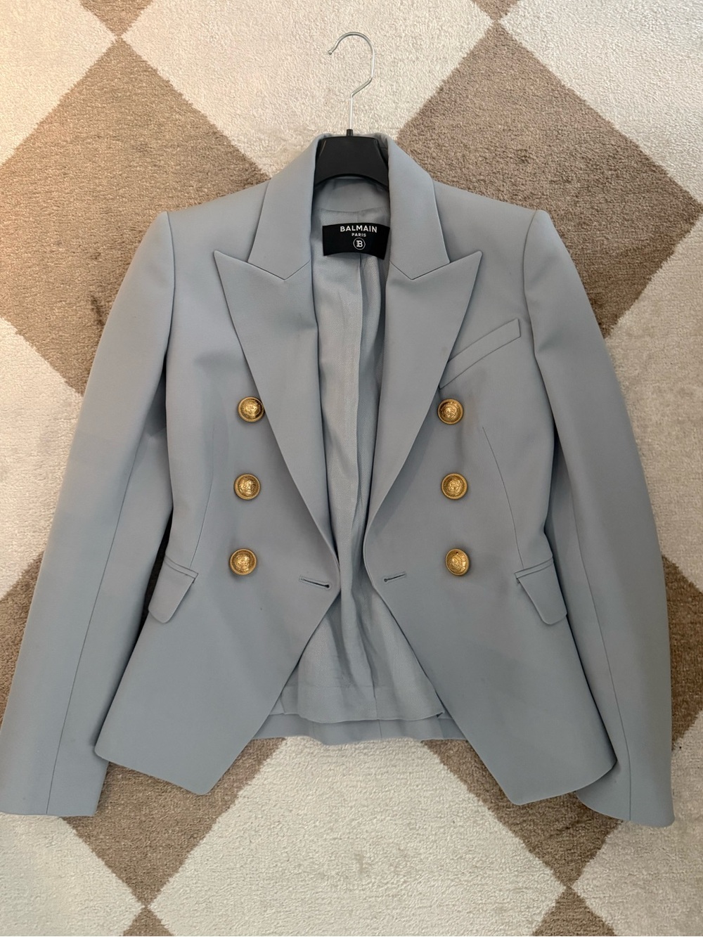 Balmain Light Blue Double-Breasted Tailored Blazer with Gold Buttons